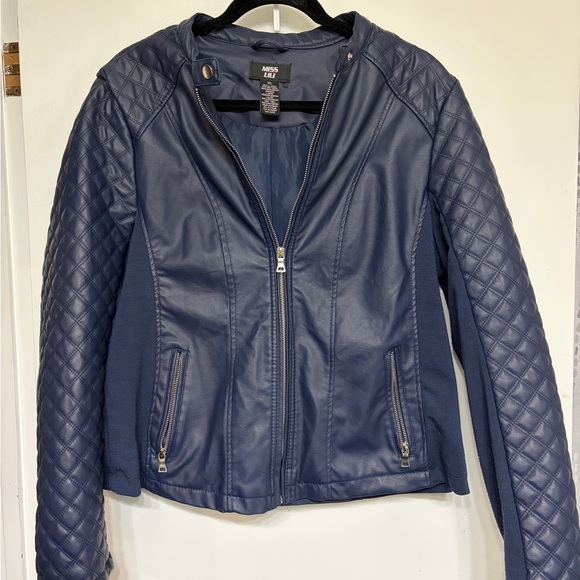 Miss Lili Jackets & Blazers - Navy Blue Quilted Women's Jacket Faux Leather